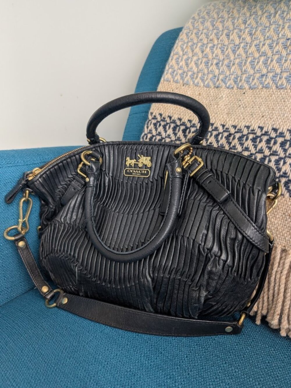 COACH Madison Pleated Leather Purse - Black with Gold-Tone Hardware